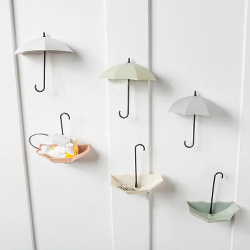 3Pcs Creative Storage Hooks Door Wall Hook Wall Decoration Keys Hair Pins Holder Bathroom Wall Hanger Umbrella Shape Punch Free