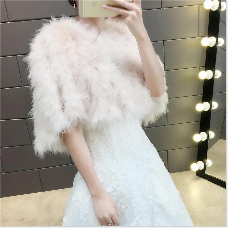 

Bridal Evening Real Ostrich Feather Stole Shrug Wrap Cape White Wedding Shawls Bolero Party Dresses Accessories