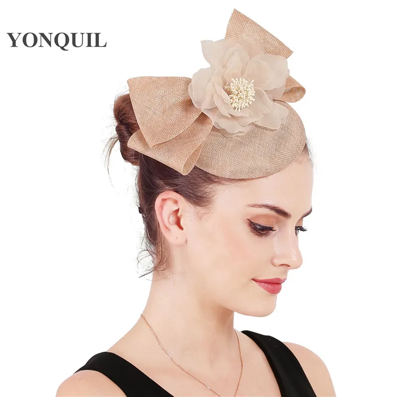 Vintage Champagne Linen Hats Fascinator With Handmade Bow Flowers Elegant Bridal Wedding Hat Headwear Fahison Flower Feora Caps