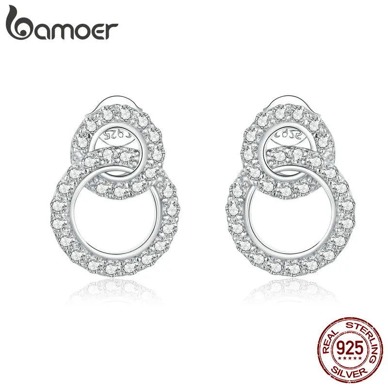 Bamoer 925 Sterling Silver Shining Zircon Double Circle Stud Earrings for Women Wedding Engagemetn Statement Jewelry BSE388