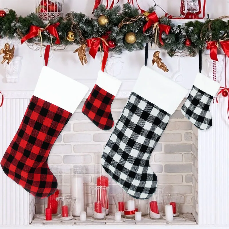 1Pcs Christmas Stocking Boots Black Red Lattice Christmas Gift Candy Socks Pendant For Xmas Tree Fireplace Home Hanging Ornament