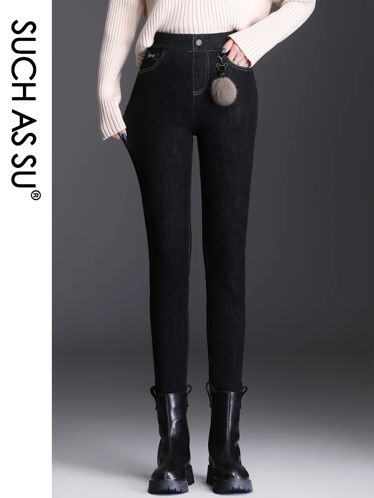 SUCH AS SU New Pencil Pants Women Winter Cashmere 2021 Black Elastic High Waist Spliced Pockets Long Pants S-3XL Size Pants