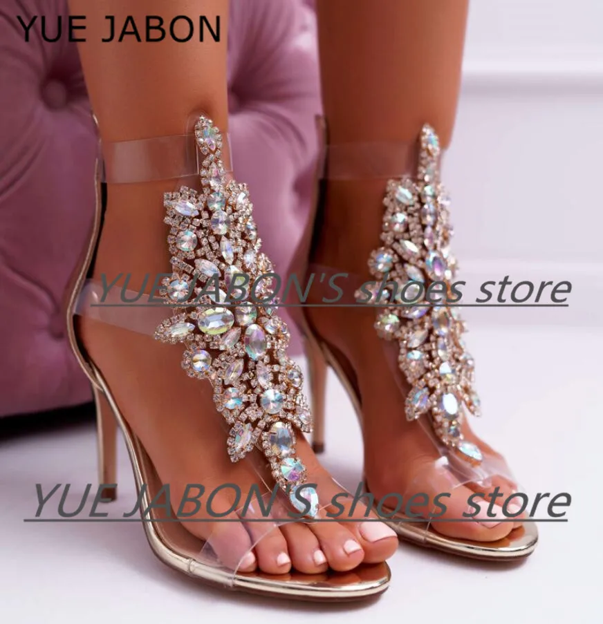 Sexy PVC Transparent Gladiator Sandal Boots Woman Open Toe T-strap Rhinestone Diamond Shoes High Heel Shoes Women Colorful Boots