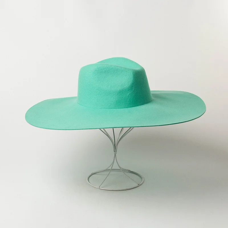 Cyan Apple Green Light Top Fedora Hat Wool Hat Oversized 16cm Large Eaves Light Top Fedora Hat for Men and Women