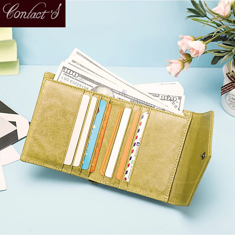 Contact'S Women Short Wallet Womens Leather Wallet Female Purses Coin Pocket Rfid Card Holder Portable Clutch Mini Money Bag