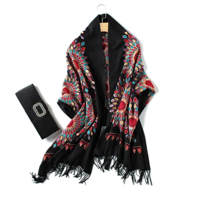 

Winter New scarf women vintage Embroidery thick warm cashmere scarves shawls and wraps pashmina ladies bandana echarpe