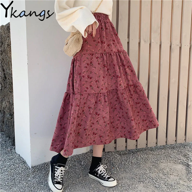 

Harajuku Chic Autumn Winter Warm Flower Print Skirts Women Vintage Corduroy pleated Skirt Students Kawaii Long Skirt Streetwear