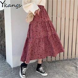 Harajuku-faldas estampadas con flores para mujer, faldas plisadas de pana Vintage, cálidas, de estilo Kawaii, ropa de calle para estudiantes