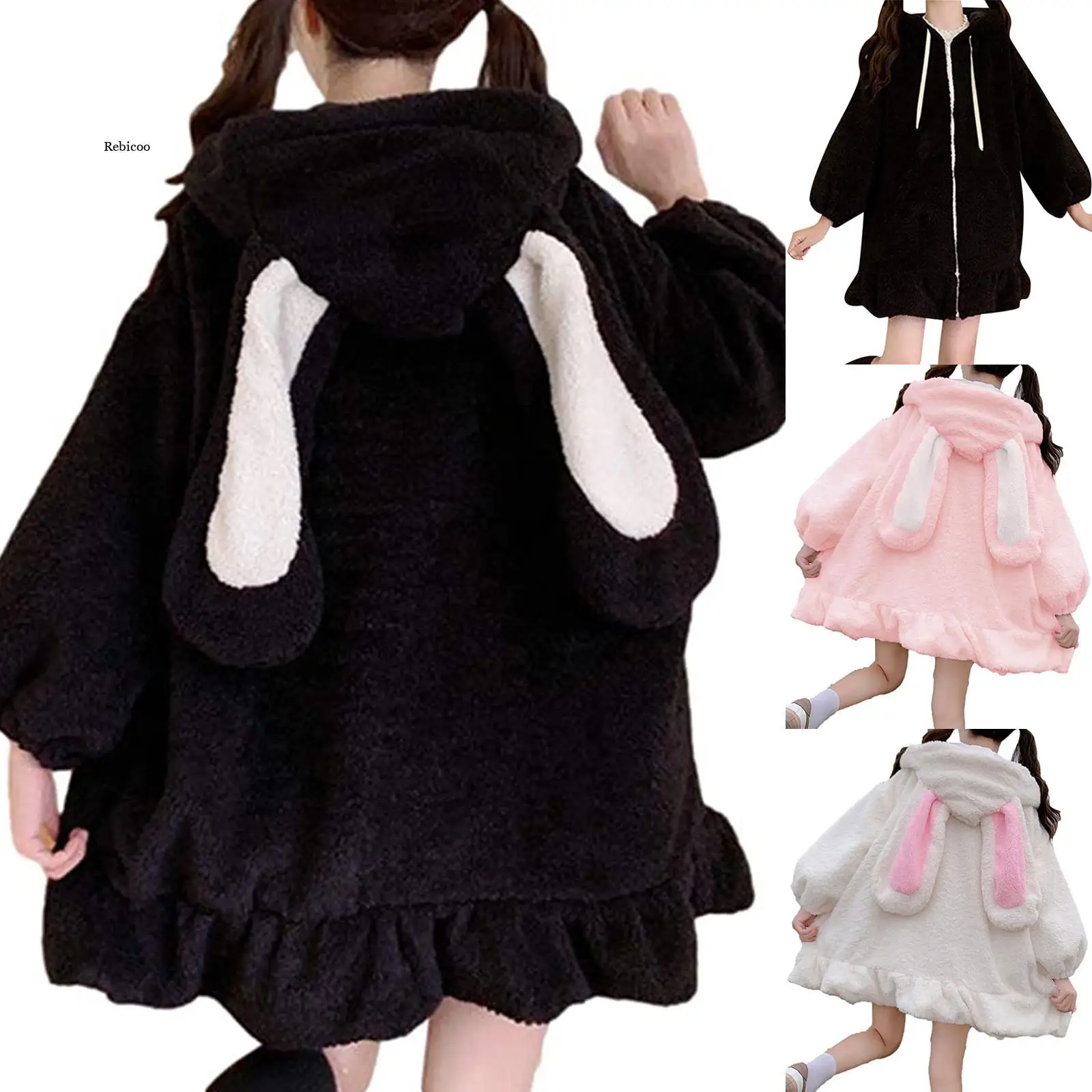 

Kawaii Cute Bunny Hooded Faux Fur Coat New Girls Winter Warm Thick Woman Long Coat Women's Warm Coat Casaco Feminino