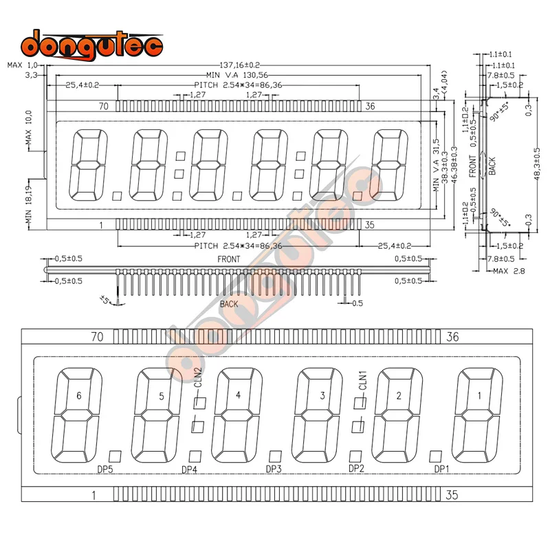 70PIN TN Positive 6-Digits Segment LCD Panel 5V (Yellow Green Backlight) Tanker Display