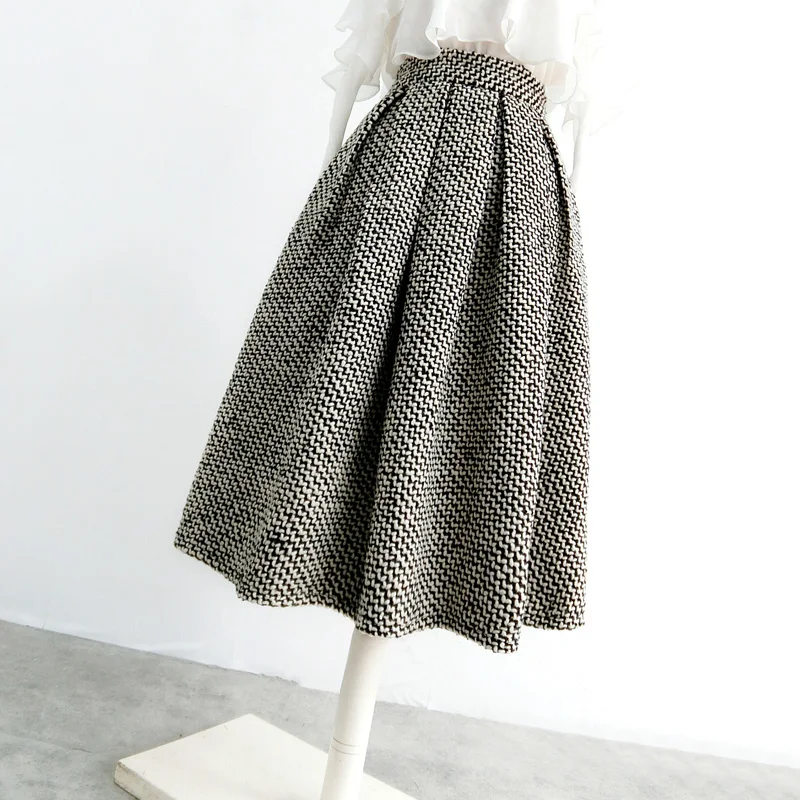 French style winter small fragrance tweed wool ball gown skirt women high waist knee length umbrella skirt