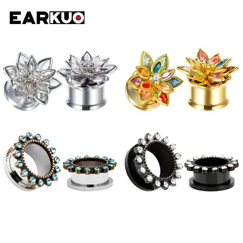 EARKUO Best Selling Flower Zircon Crystal Stainless Steel Ear Plugs Stretchers Gauges Piercing Body Jewelry Ear Expanders 2PCS