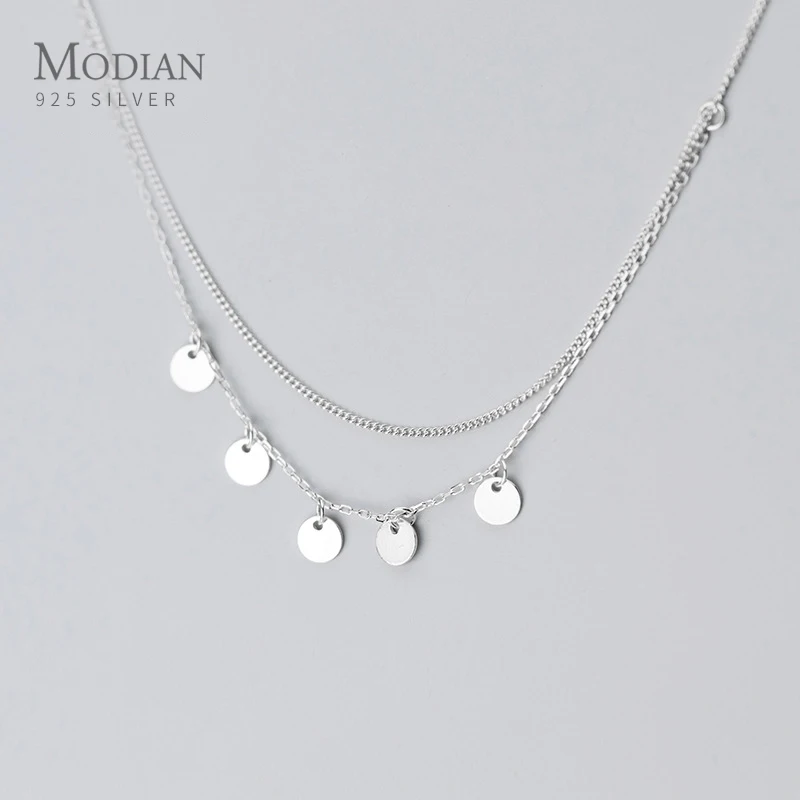 MODIAN 925 Sterling Silver Simple Double Chain Sequins Pendant Necklace for Women Geometric Necklace Korea Style Fine Jewelry