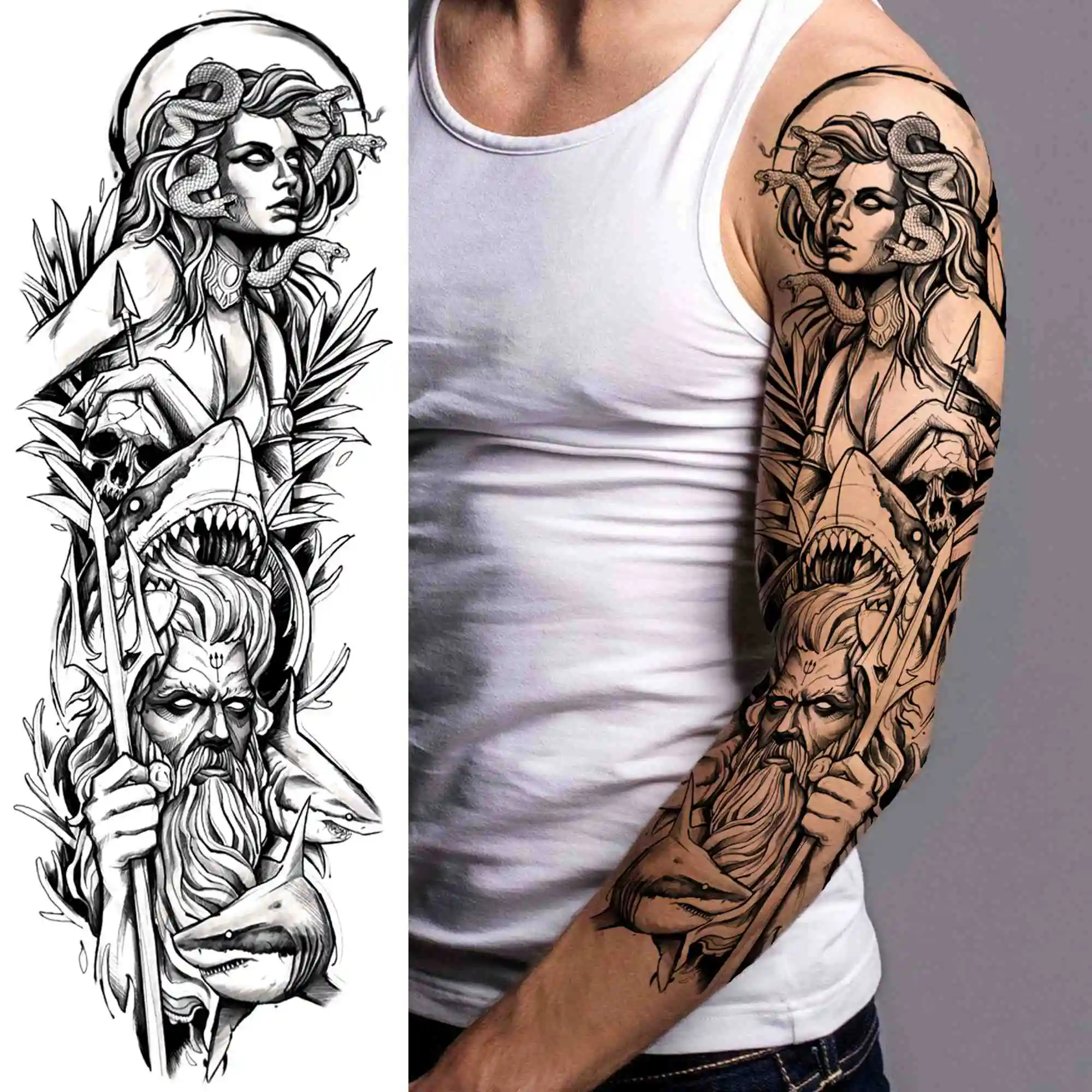 Skull Warrior Temporary Tattoos Sleeve For Men Women Adult Realistic Fake Flower Tattoo Sticker Black Lion Soldier Large Tatoos