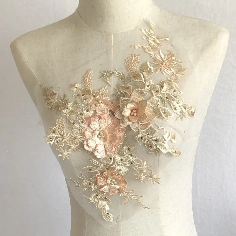 Tela bordada con cuentas de flores tridimensionales, Apliques de encaje, parche de tela para vestido, reparación de vestidos, 1 pieza