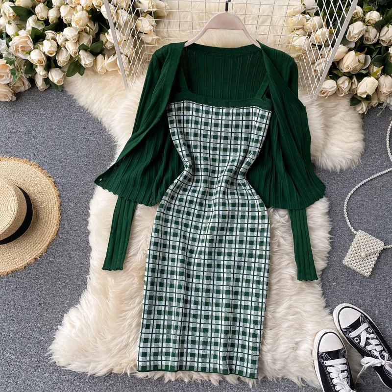 Autumn Spring Sweater Cardigan And Plaid Mini Camis Dress Women's Knitted Two-piece Suit For Female