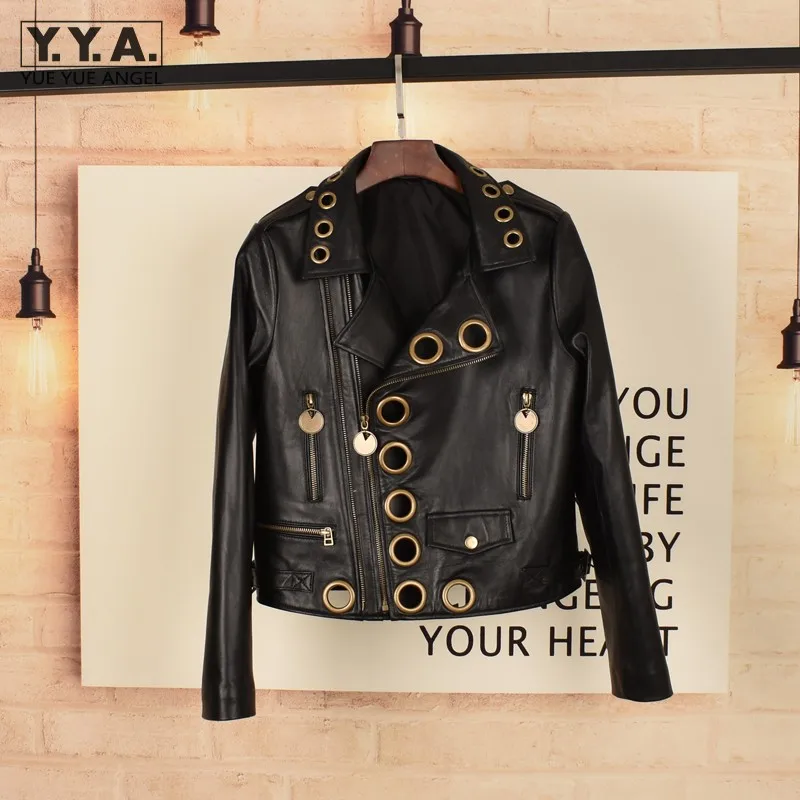 New Designer Women Metal Hollow Out Sheepskin Real Leather Jacket Punk Style Moto Biker Short Outwea Coat Genuine Leather Jacket