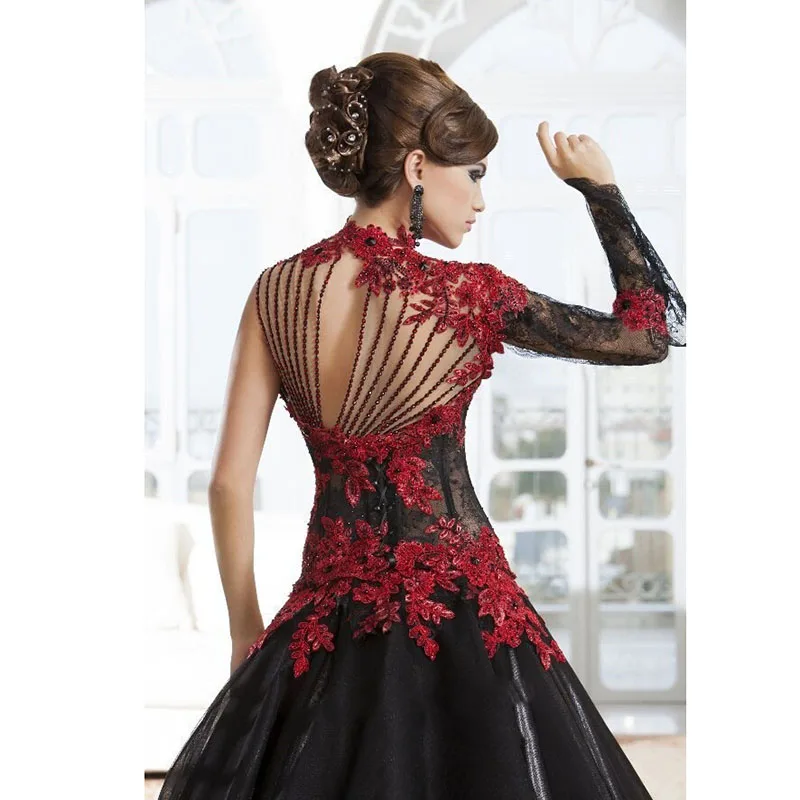 Victoriaanse Gothic Maskerade Trouwjurk Hoge Hals Applicaties Lace Kralen Lange Rode En Zwarte Baljurk Bridal