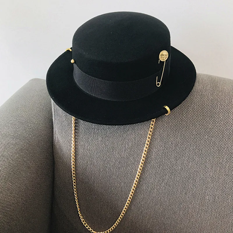 Fibonacci 2021 Fedora Hat Retro Wool Felt Hat Women European Punk Chain Novelty Flat Top Hats Men Cap Street Fashion Wild Trend