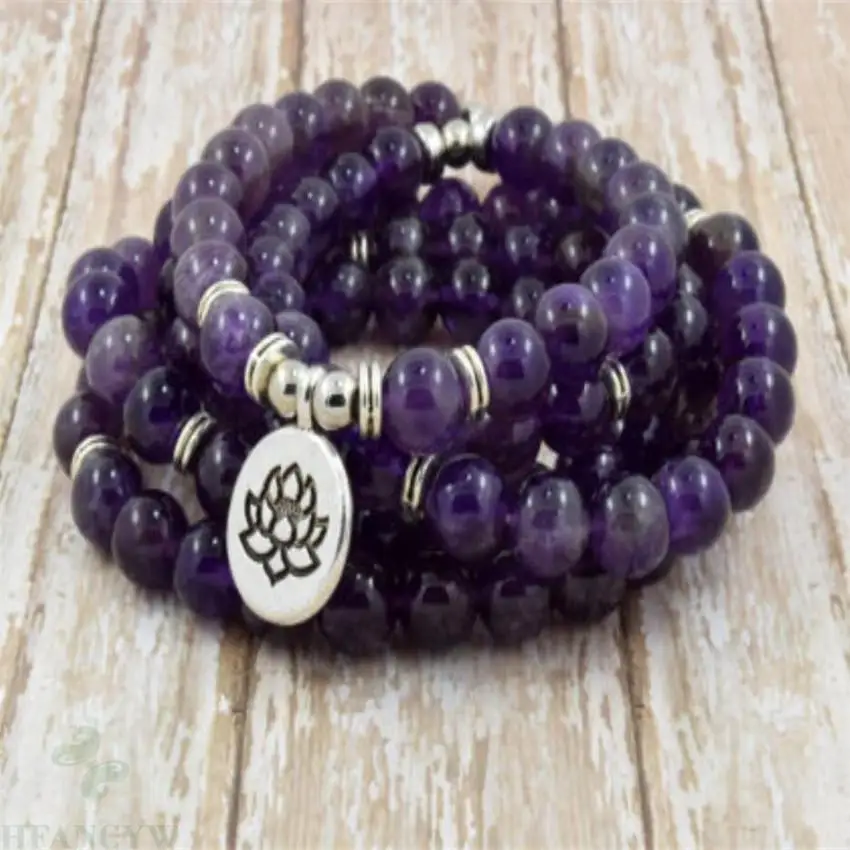 

8mm Amethyst Gemstone Tassel Mala Bracelet 108 Beads cuff Zazen meditation Nepal Stress Wrist Bless Prayer Men