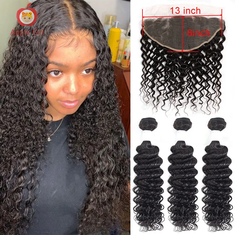 

13x6 HD Transparent Lace Frontal With Bundles Human Hair Deep Wave Bundles With Frontal Free Part Remy Brazilian Applegirl Hair