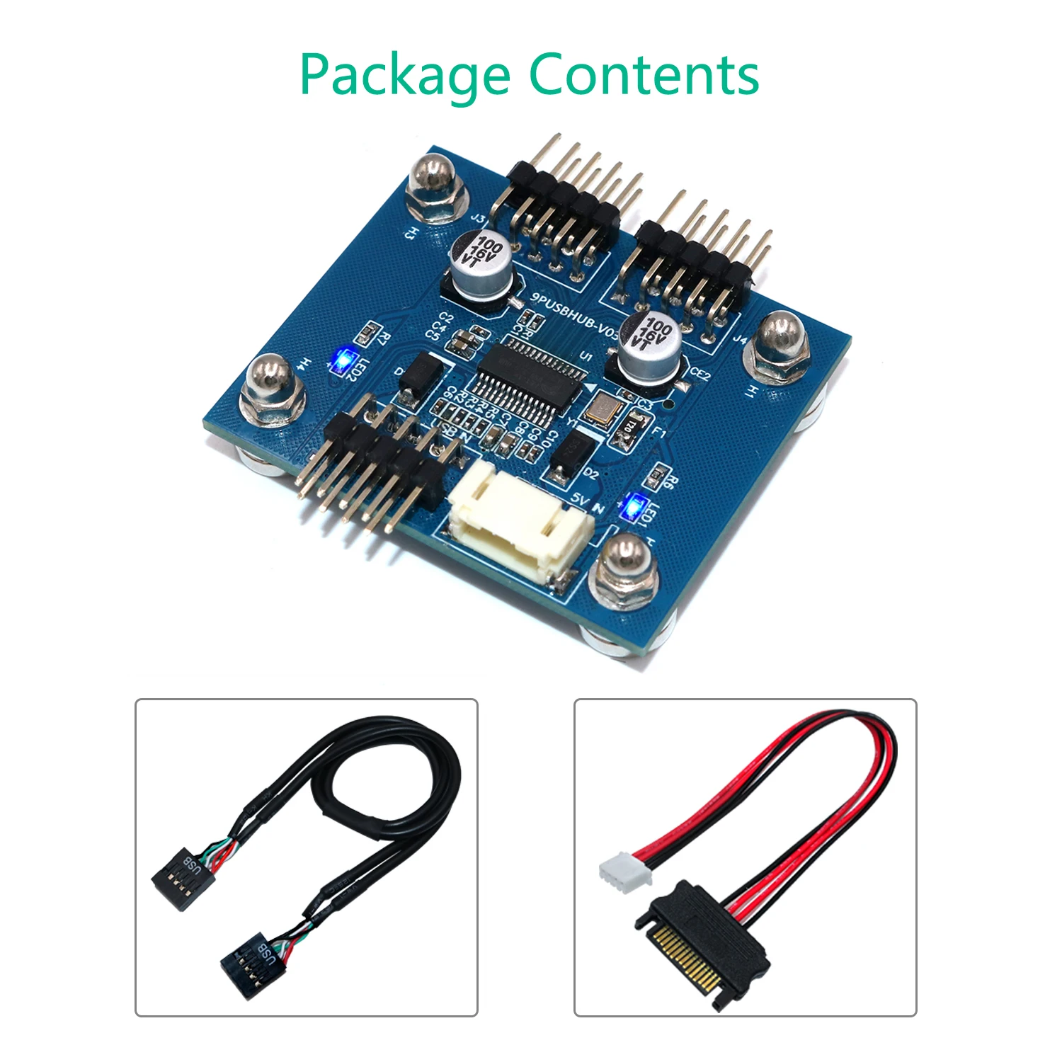 Cable USB 9Pin Motherboard Header Splitter HUB 1 to 2 Extension Cable Adapter 9-Pin Connectors with SATA Power Cable Magnet Foot