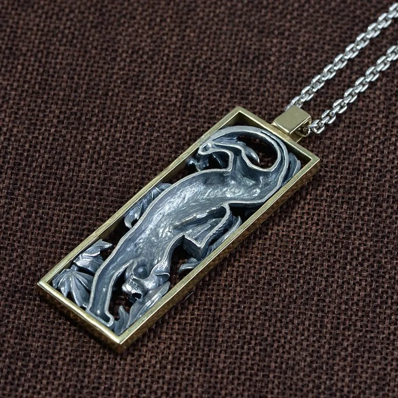 BOCAI New solid s925 pure silver Man pendant three-dimensional engraved leopard copper frame rectangular Thai silver pendant