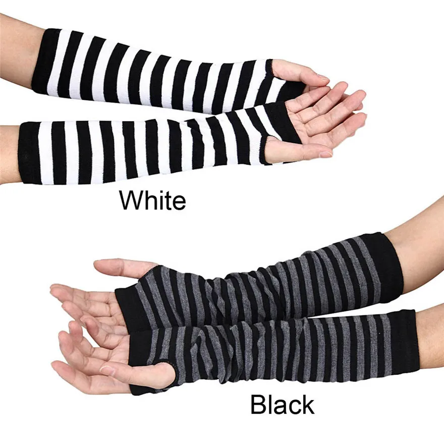 Women Long Sleeve Striped Fingerless Arm Warm Knitted Women\'s Wristband Solid Color Fashion Gloves Mittens Accessories