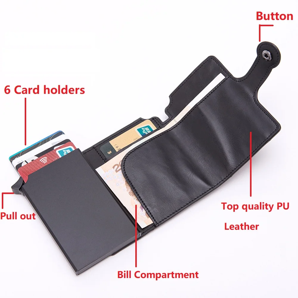 Porte-cartes de crédit à boutons RFID pour hommes, porte-monnaie en aluminium, porte-cartes d'identité, portefeuille noir, pop-up automatique, métal de haute qualité