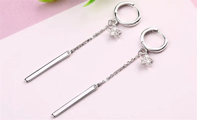 Trendy Silver 925 Earrings Female Drop Accessories Bright Crystal Star Long Earring For Women Jewelry Lady Birthday Gift
