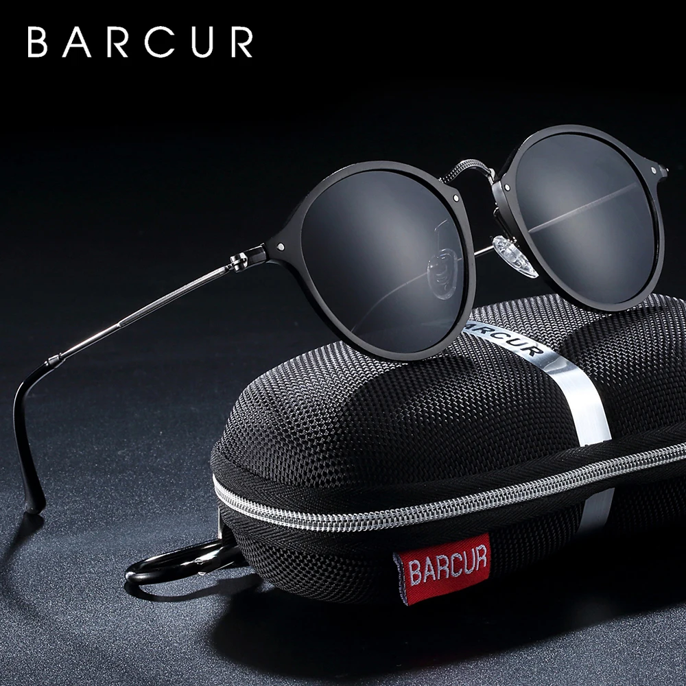 BARCUR New Vintage Sunglasses Round Aluminum Magnesium Male Sun glasses Female Retro Polarized oculos de sol