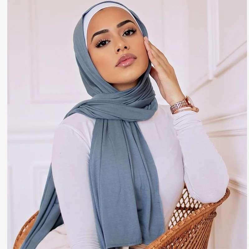 Écharpe Hijab en Jersey Uni pour Femme, Châle Solide avec Bonne Couture, Turban Doux et Extensible, 170x55cm