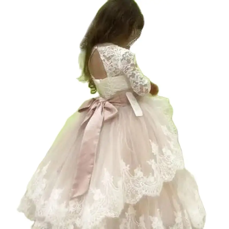 Lace Bloem Meisje Jurken Voor Bruiloften Lange Mouw Prinses Geappliceerd Kant Boog Kids Eerste Communie Jurken Girl Party Gown