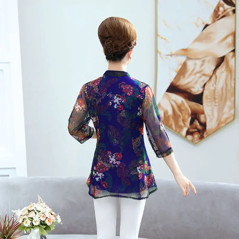 Spring Summer Chiffon Women Shirts Fashion Temperament  Pirnt Ruffle Ladies Casual Blouses Elegant Loose Tops Blusas MM1025