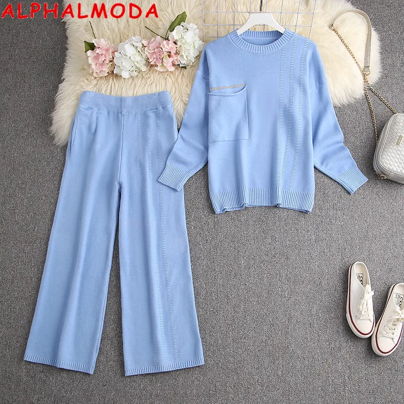 ALPHALMODA-Women's Loose Pocket Sparkling Sweater and Wide-leg Pants, Winter Fashion Suit, 2020, 2Pcs