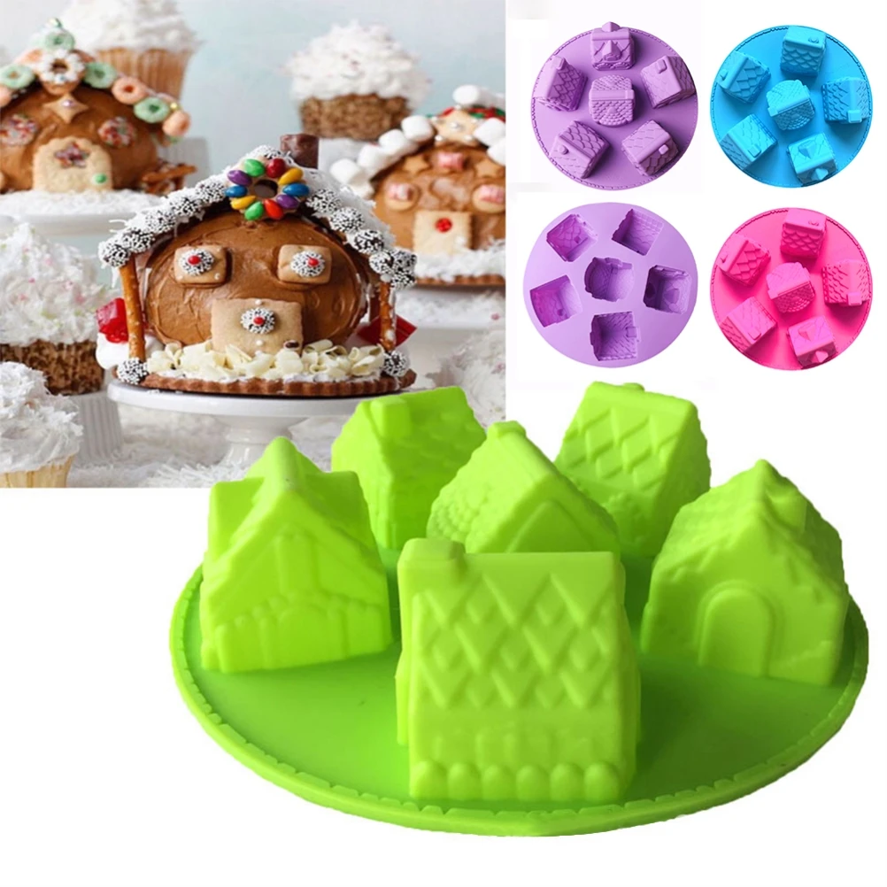 

6-Cavity Silicone Christmas Gingerbread House Cake Mold Chocolate Ice Cream Mold for Festival Baking Tool Random Color