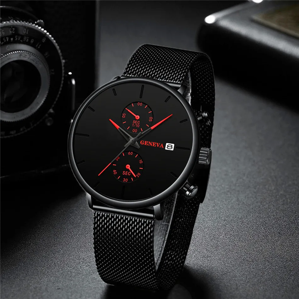 Geneva Luxury Brand Watch Men Black Watches Stainless Steel Mesh Band Auto Date Quartz Wristwatches Men Clock Relogio Masculino