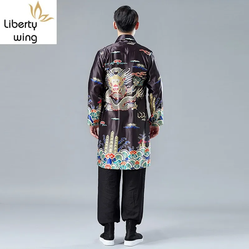 2020 Spring Chinese Style Men Printing Pattern dragon Long Slim Fit Lapel Casual Trench Outerwear Male Robe Runway Coats