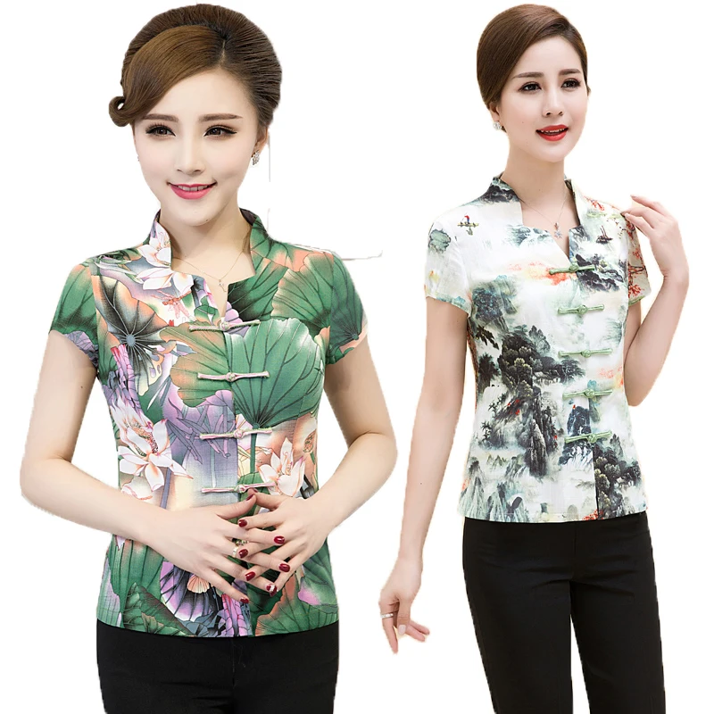 

Hanfu plus size Tang suit woemn summer short-sleeved top Chinese shirt cheongsam top fashion mother clothing chinese Tang suit