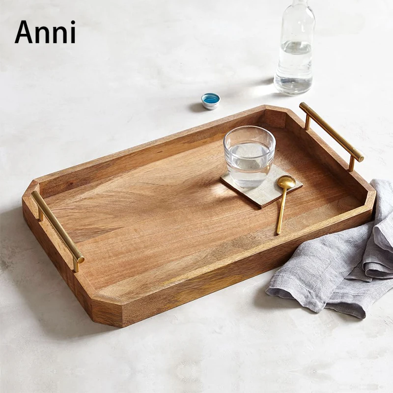 

American Simple Wood Trays Decorative Solid Wooden Golden Handle Fruit Plates Coffee Table Tea Set Storage Tray Home Decoration