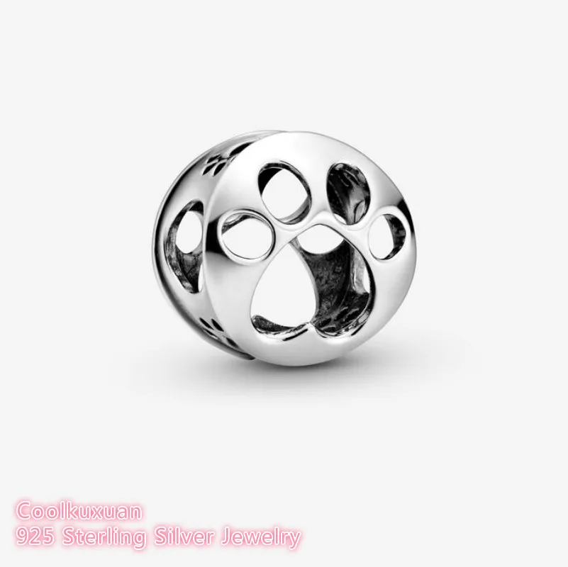 Spring 100% 925 Sterling Silver Openwork dog Paw Print Charm beads Fits Original Pandora bracelets Jewelry Making