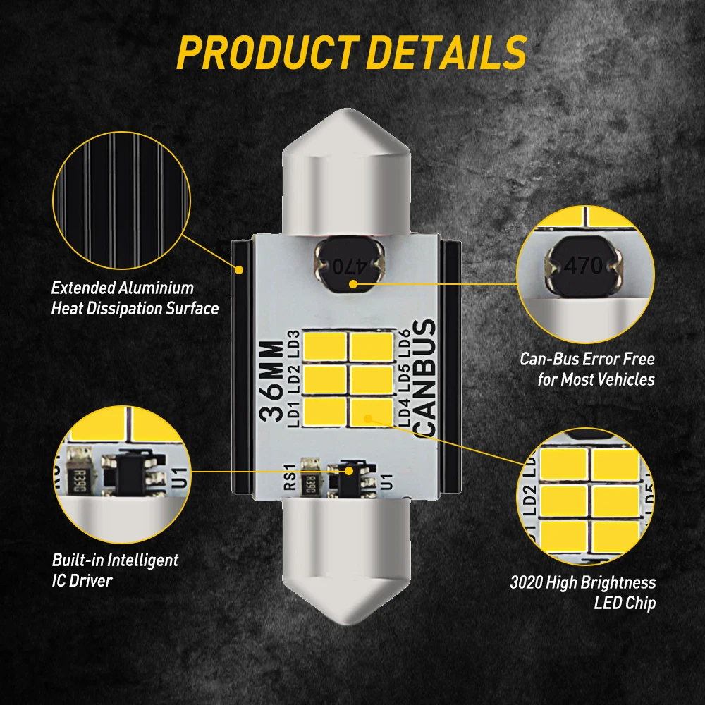 Auxito-lâmpada led canbus c5w e c10w, 2 peças, lâmpada led de 31, 36, 41 e 41mm, luz interior do carro com chip 3020, livre de erro, 6000k