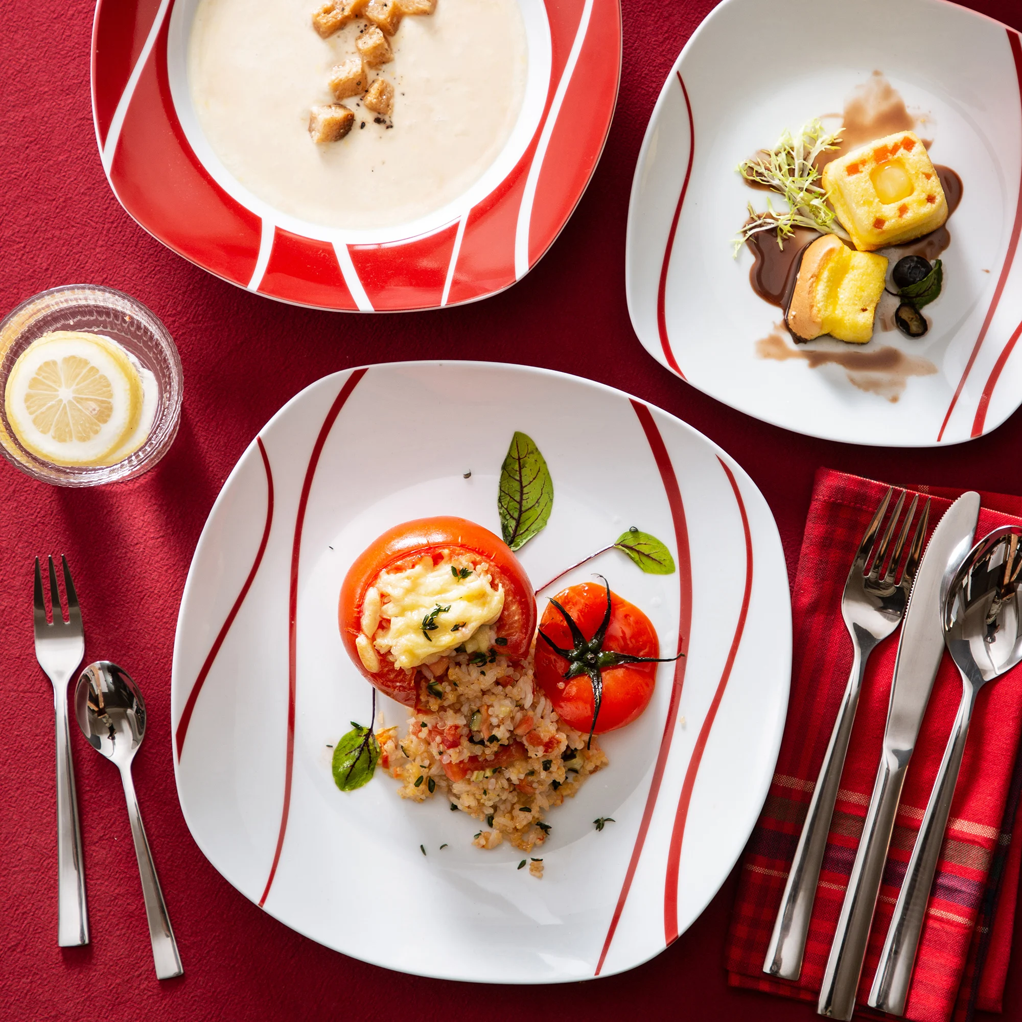 طقم بورسلين مالاكاسا فيليسا بألواح حمراء ، مجموعة من 18 قطعة ، مع 6 حلوى ، أطباق حساء ، خدمة لـ 6 أشخاص #5