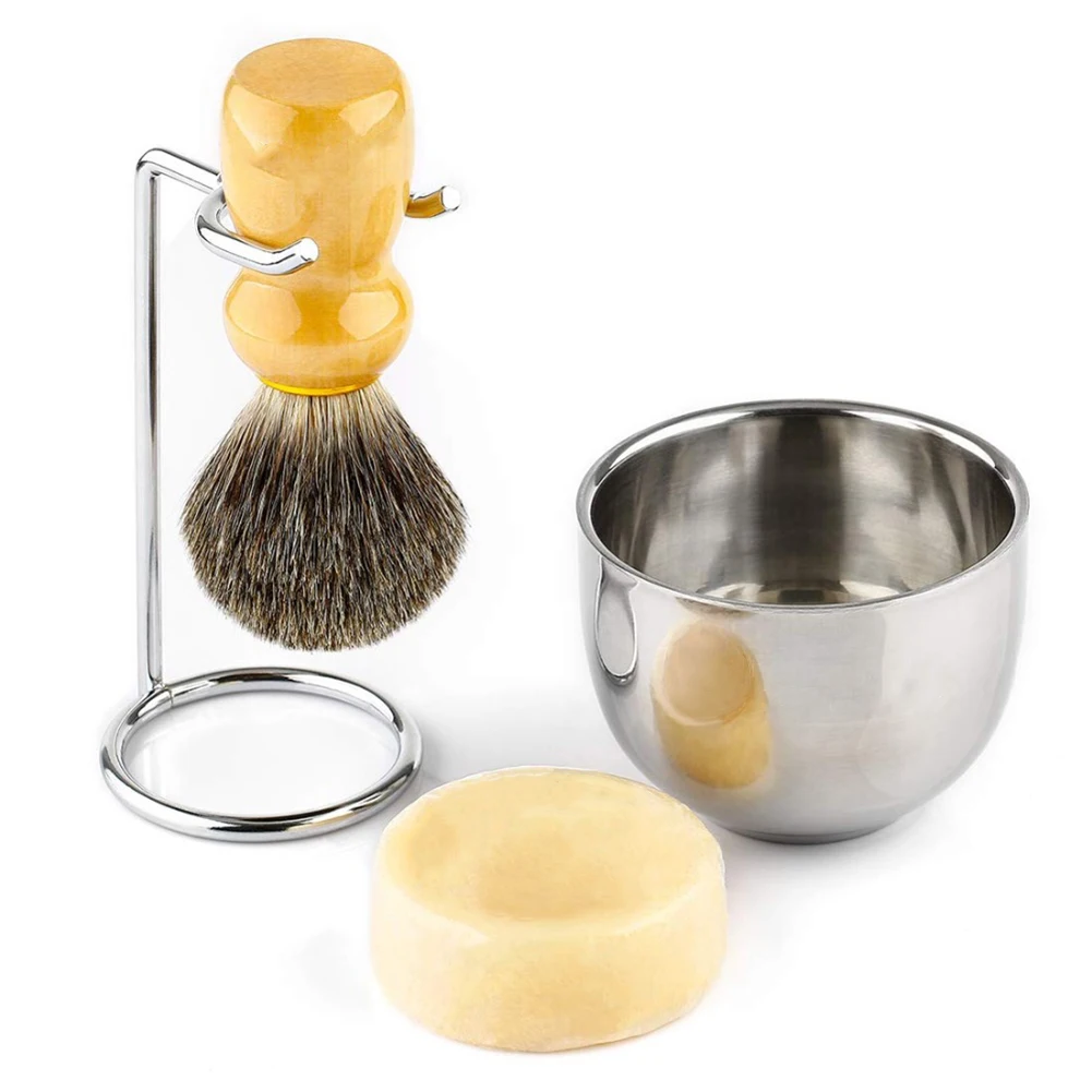 4in1 Shaving Brush Set Fine Badger Shave Brush Wood Handle + Stainless Steel Shaving Stand + Soap Cup + Soap for Men Wet Shave