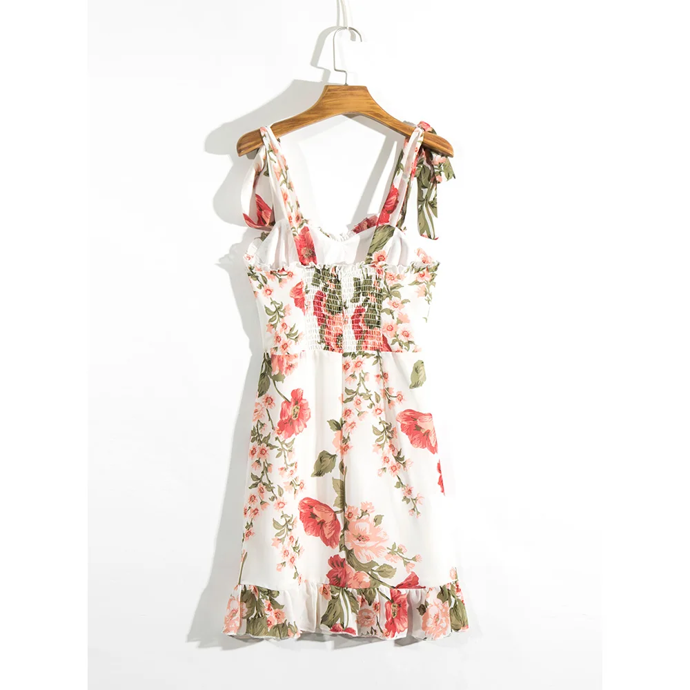 Strap Tie Mouwloze Zomer Jurk Ruche Zoom Elegante Vintage Bloemen Jurk Sweetheart Hals Vakantie Strand Jurken Voor Vrouwen 2021