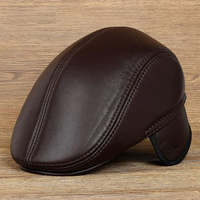 Men Peaked Cap Male Winter Soft Genuine Leather Ear Protection Warm Beret Hats Hombre Black Brown Forward Bonnet Grandpa Gift