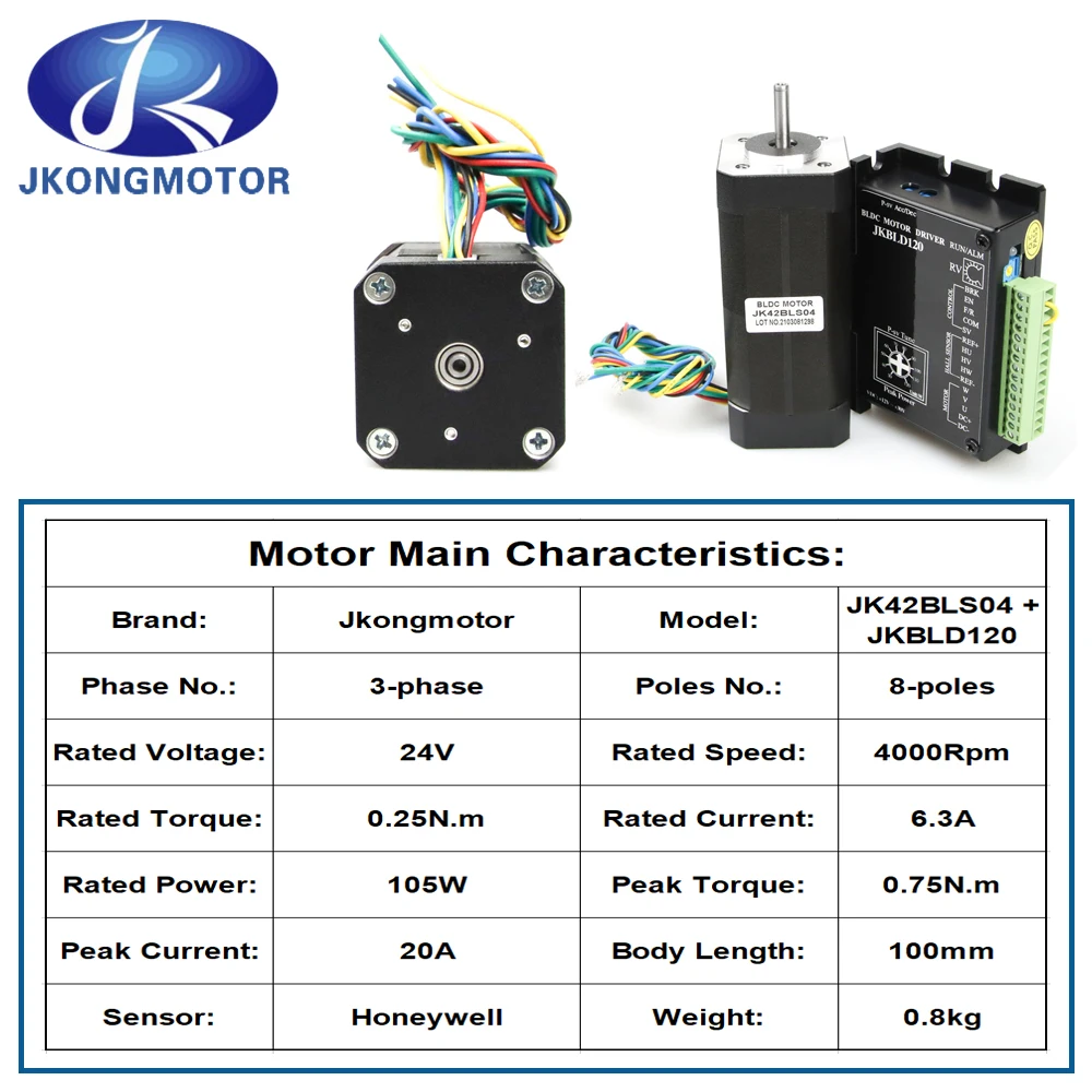 Jkongmotor 42BLS04 BLDC Motor 20A 24VDC 105W 4000rpm 0.25N.m 42mm Square Brushless DC Motor 42BLDC Hall Motor with Driver