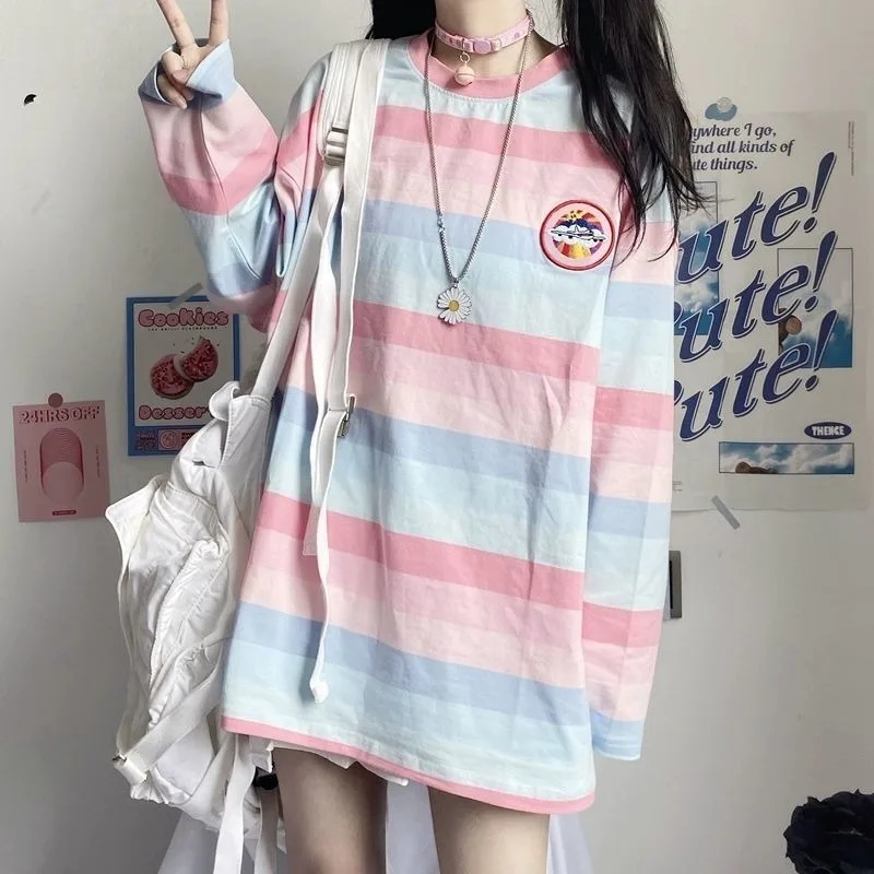 Striped T-shirts Women Rainbow Japanese Style Kawaii Pink Loose Leisure BF Harajuku College Students Female Top Lady Comfortable