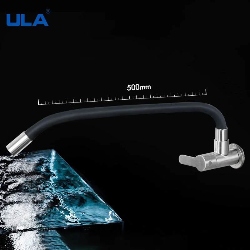 ULA Black Kitchen Faucet Stainless Steel 360 Rotate Faucet Kitchen Tap Long Spout Water Nozzle Wall Mount Single Cold Water