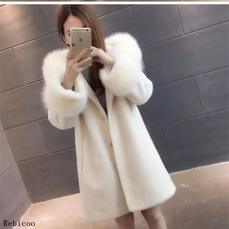 Women Winter Jacket fake fur Sheep Shearing Coat  Fox Fur Collar Streetwear Thick Warm Outerwear Casual